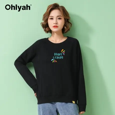 Ohlyah品牌 黑色卫衣女秋冬纯棉圆领长袖学生印花字母百搭打底衫商品大图