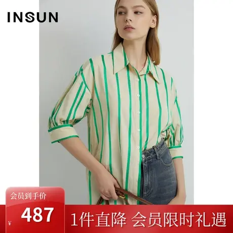 恩裳2023年早春新品亲肤柔软棉质衬衣休闲清新条纹衬衫图片