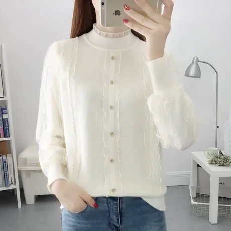 半高领蕾丝拼接薄款针织打底衫2023秋季新款宽松显瘦套头毛衣洋气商品大图
