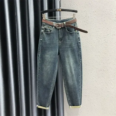 欧货个性口袋设计萝卜牛仔裤女2023秋季新款高腰显瘦小脚哈伦垮裤图片