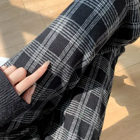 羊毛呢格子裤女2023冬季新款高腰宽松显瘦复古加厚休闲哈伦萝卜裤图片