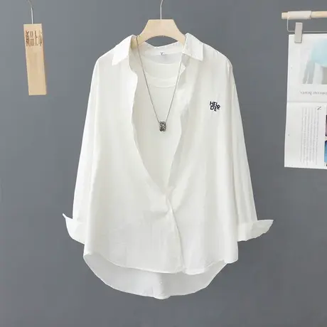 白色长袖衬衫女春季新款韩版宽松刺绣小众叠穿中长款衬衣休闲外套图片