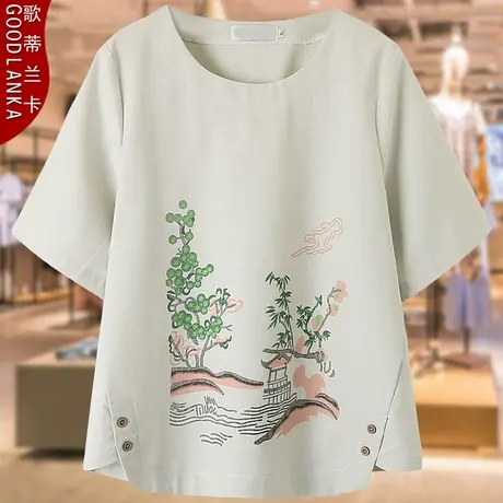 棉麻上衣女中老年夏季新款大码女装中年胖妈妈装印花短袖T恤200斤图片