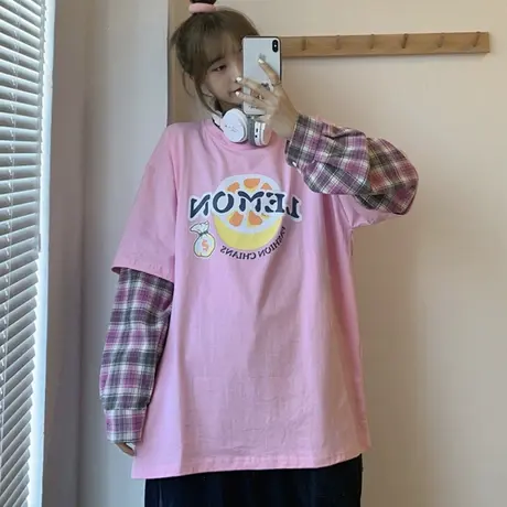 长袖t恤女2020早秋宽松韩版潮学生bf慵懒风ins超火拼接假两件上衣商品大图