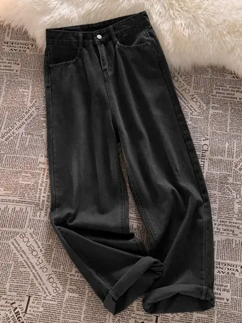 清仓捡漏复古做旧直筒牛仔裤女春秋高腰小众韩版直筒休闲拖地裤商品大图