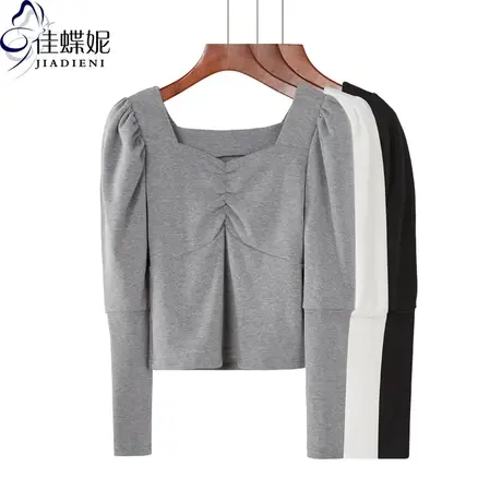 春秋装方V领长袖短款纯色宫廷泡泡灯笼袖T恤女内搭时尚性感飞T恤商品大图