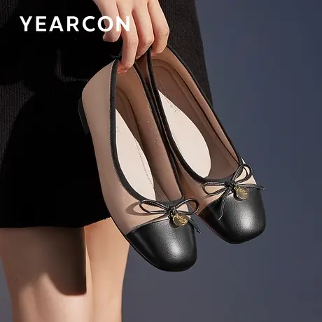 意尔康豆豆鞋女2023秋季新款圆头平底乐福鞋女蝴蝶结软底真皮单鞋商品大图
