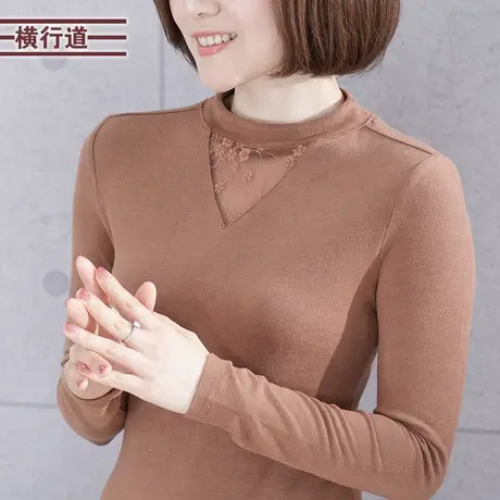 黑色半高领打底衫女士蕾丝中年妈妈长袖t恤女上衣服2023冬装新款商品大图