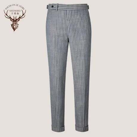 蓝灰色条纹那不勒斯西裤巴黎调节扣九分裤直筒商务修身垂感休闲裤商品大图