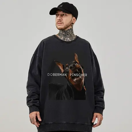 oversize美式圆领卫衣男潮牌加绒重磅加肥加大码男装春秋狗头无帽商品大图