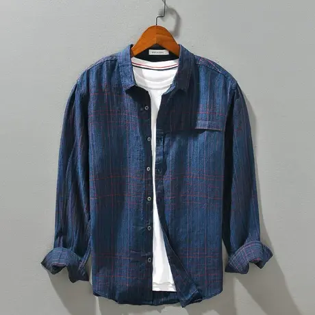 亚麻衬衫男长袖春季新款宽松百搭复古格子翻领衬衣男士休闲外套潮商品大图