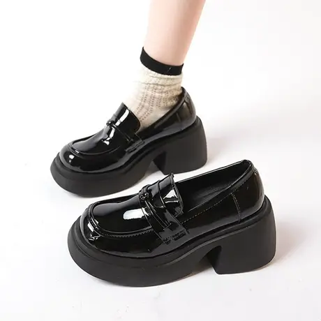 黑色粗跟厚底百搭玛丽珍小皮鞋女2023春秋新款设计感一脚蹬乐福鞋商品大图