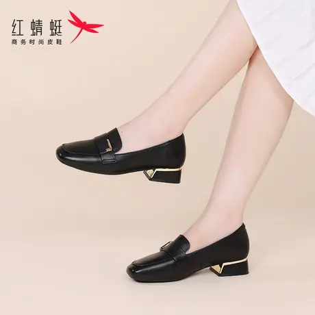 红蜻蜓春季女鞋懒人一脚蹬小皮鞋乐福鞋女粗跟低跟单鞋真皮豆豆鞋商品大图