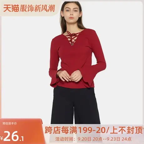 艾格2023春秋新品T恤女装丝绒系带V领镂空纯色针织喇叭袖上衣Y710商品大图