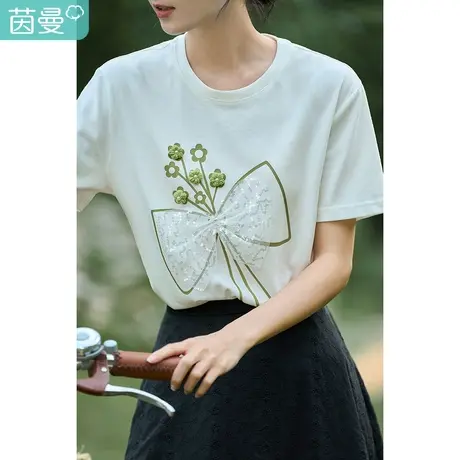 茵曼印花订花T恤女士2023年夏季新款网纱珠片蝴蝶结圆领气质上衣图片