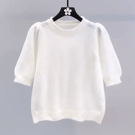 泡泡袖圆领纯色套头针织衫女2023早春新款温柔风软糯洋气短款上衣图片