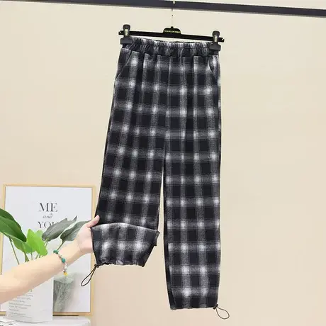 黑白格子裤女春秋高腰垂感宽松显瘦直筒小个子休闲束脚九分哈伦裤商品大图