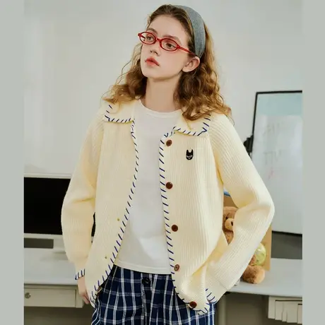 a02冰岛蓝手工撞色缝线高克重开衫毛衣2025春季休闲女式针织衫商品大图