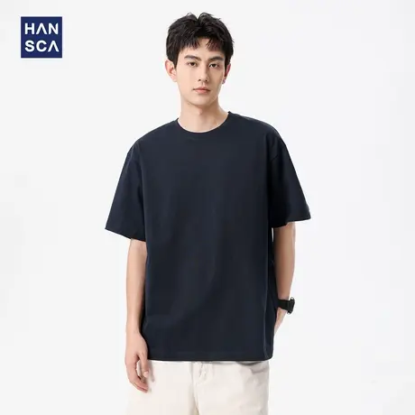 hansca三本针高支纯棉短袖t恤男2025夏季薄款透气藏青色休闲体恤商品大图