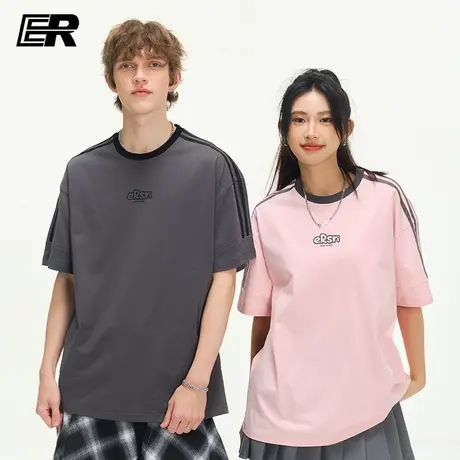 【凉感】ER美式复古三条杠短袖T恤男2025夏季潮牌圆领休闲半袖女商品大图