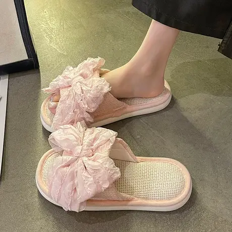 亚麻拖鞋女秋冬季新款可爱蝴蝶结平底室内居家防滑透气棉麻布拖鞋商品大图