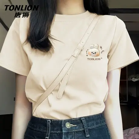 唐狮正肩短袖女t恤夏2025新款设计感小众纯棉半袖体恤宽松上衣VB商品大图