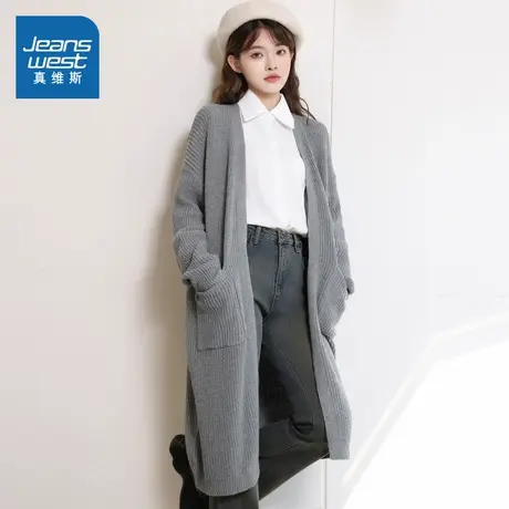 KF真维斯女装2025春季新款纯色长款休闲百搭通勤简约女针织外套图片
