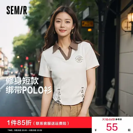 森马POLO衫女短款设计感绑带美式复古辣妹夏季修身印花上衣小心机商品大图