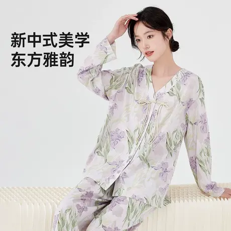 顶瓜瓜新中式印花家居群顶呱呱V领开襟盘扣鸢尾颂女士长袖套装商品大图