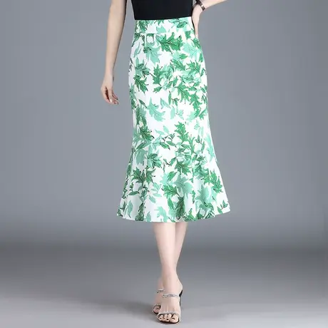 气质印花包臀鱼尾裙女夏季2023新款修身半身裙中长款雪纺裙一步裙图片