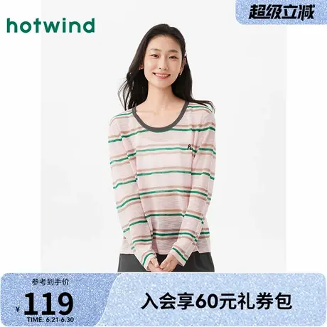 热风上衣2025年春季新款女士圆领条纹针织衫韩系多巴胺罩衫打底衫商品大图