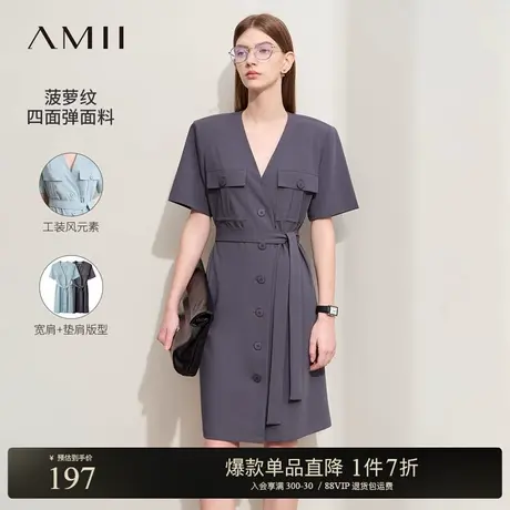 Amii2025夏新款V领工装风配腰带短袖连衣裙女莫兰迪色系宽松裙子商品大图