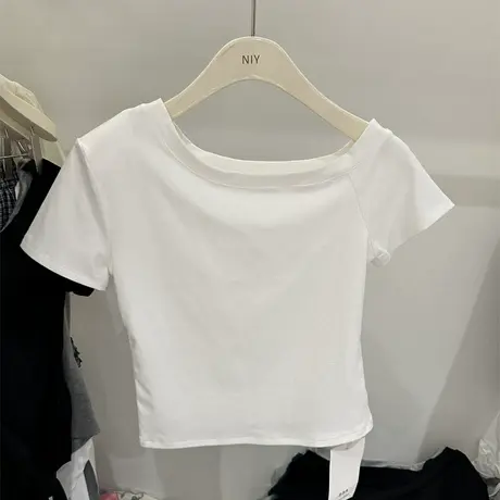 韩国夏季新款韩系修身显瘦设计感一字领斜肩小个子百搭T恤女上衣商品大图