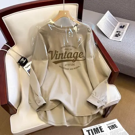 vintage大码卫衣女下摆不规则显瘦上衣潮牌ins秋装薄款长袖打底衫商品大图