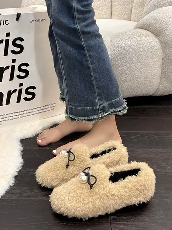 毛毛鞋女冬外穿2023新款平底羊羔毛一脚蹬豆豆鞋加绒保暖舒适棉鞋商品大图