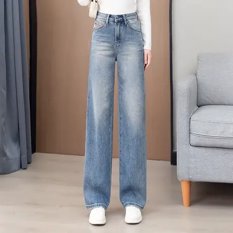 拉夏贝尔刺绣直筒牛仔裤女2025年秋新款高腰宽松显瘦窄版长阔腿裤图片