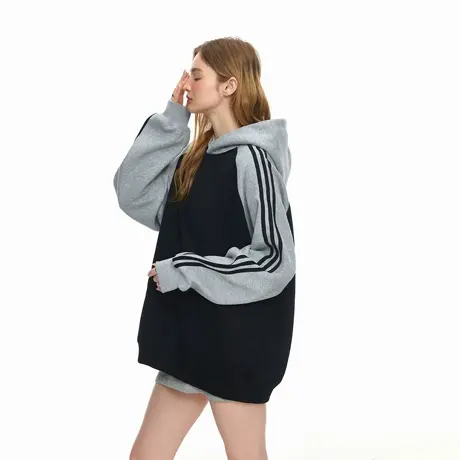 美式复古三条杠拼色连帽卫衣外套女春秋新款宽松插肩袖情侣款上衣图片