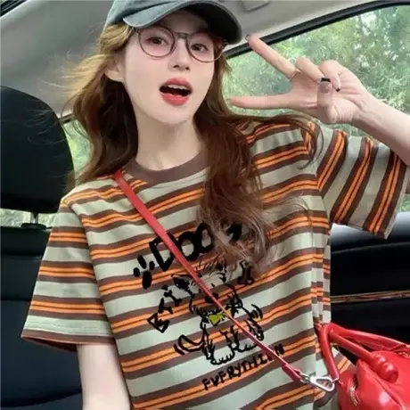 韩版条纹印花短袖T恤女2025夏季新款设计感宽松减龄短袖上衣女商品大图