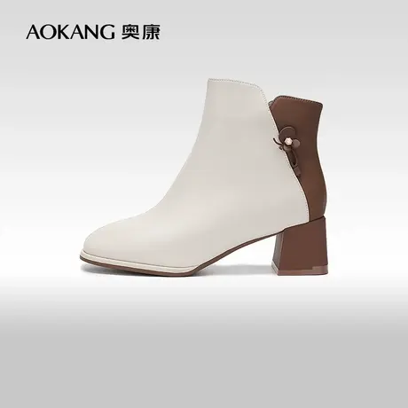奥康女鞋 冬季新款真皮拼色鞋面时装靴简约百搭时尚百搭时装短靴M商品大图