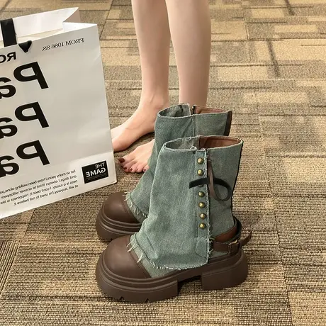 小众复古黑色英伦风厚底马丁靴女秋季2023新款爆款西部牛仔短靴子图片