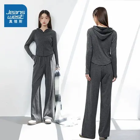 KHV真维斯灰色休闲运动套装女春秋薄款2025新款两件套穿搭一整套商品大图