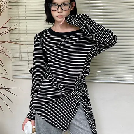 欧洲站条纹长袖T恤女2025年秋季新款宽松显瘦百搭设计感斜肩上衣商品大图