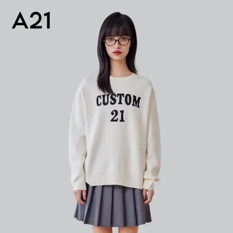 A21女装圆领针织衫春季休闲英文提花慵懒风百搭套头卫衣商品大图