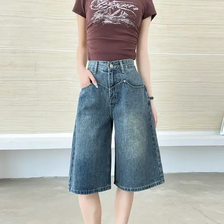 复古六分牛仔短裤女2025夏季薄款高腰宽松显瘦小个子过膝阔腿中裤商品大图