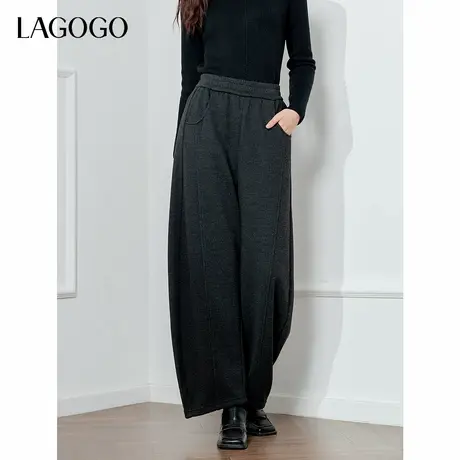 LAGOGO深灰色宽松阔腿裤女款拉谷谷2024年冬季新款休闲松紧腰长裤商品大图