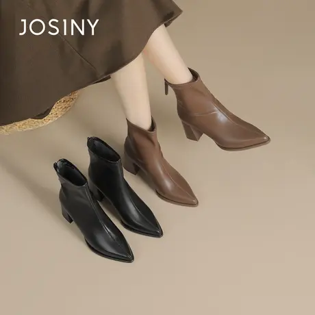 卓诗尼时尚新款秋冬百搭尖头粗跟女短靴女厚底防滑短筒女靴马丁靴图片