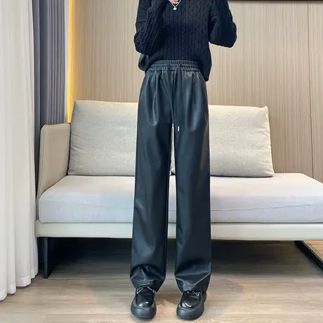美式复古皮裤女秋冬季新款高腰垂感高级感西装PU皮加厚直筒阔腿裤图片