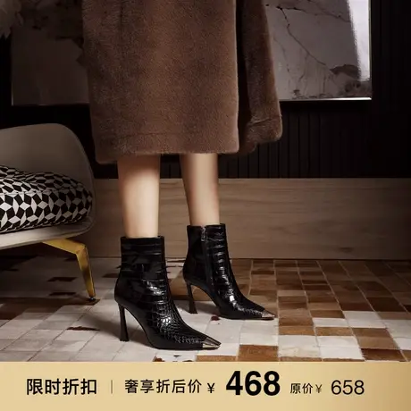 熙漫2023秋冬新款金属方头气质黑色短靴欧美时尚石头纹设计感女靴图片