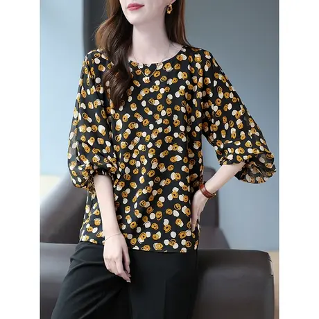 宝诗黎圆领灯笼袖印花雪纺衫女宽松休闲2023年早秋新款长袖薄上衣商品大图