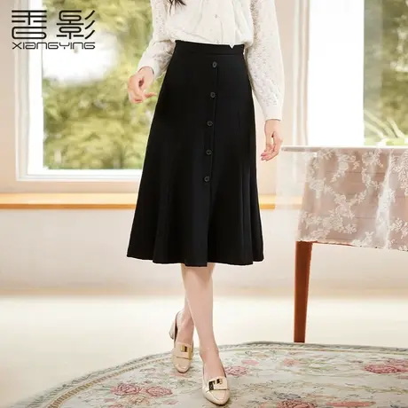 香影半身裙女中长款2023春秋新款高腰a字裙气质单排扣法式黑色裙图片